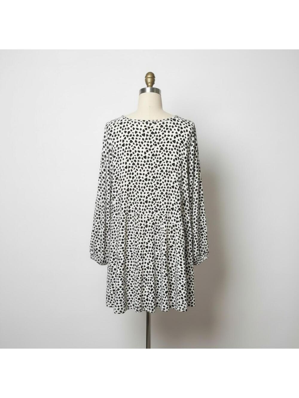 LOFT White Black Heart Print Flounce Swing Mini Dress Long Sleeve, Size XL - Picture 3 of 8